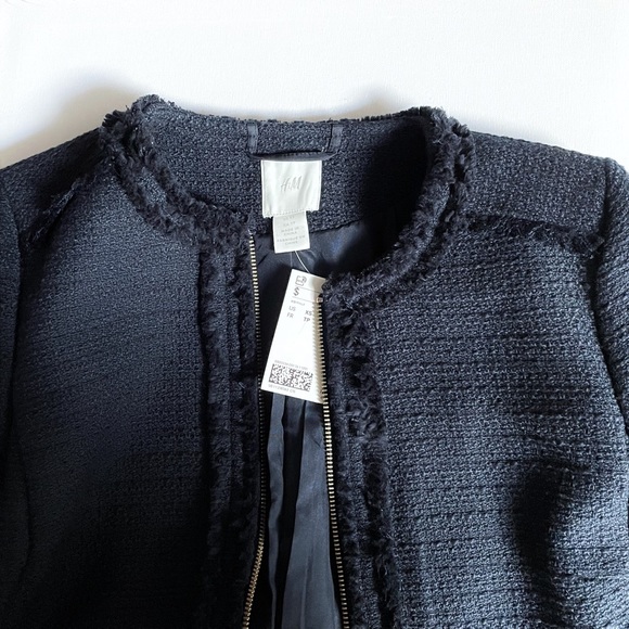 NWT H&M Navy Tweed Coat Jacket Size XS – Long Fringe Trim Zip Front Blazer - Picture 7 of 10